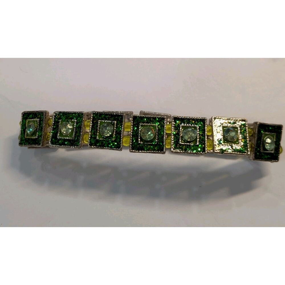 Vintage Art Deco Style Stretch Bracelet Green Rhinestone Geometric Panel